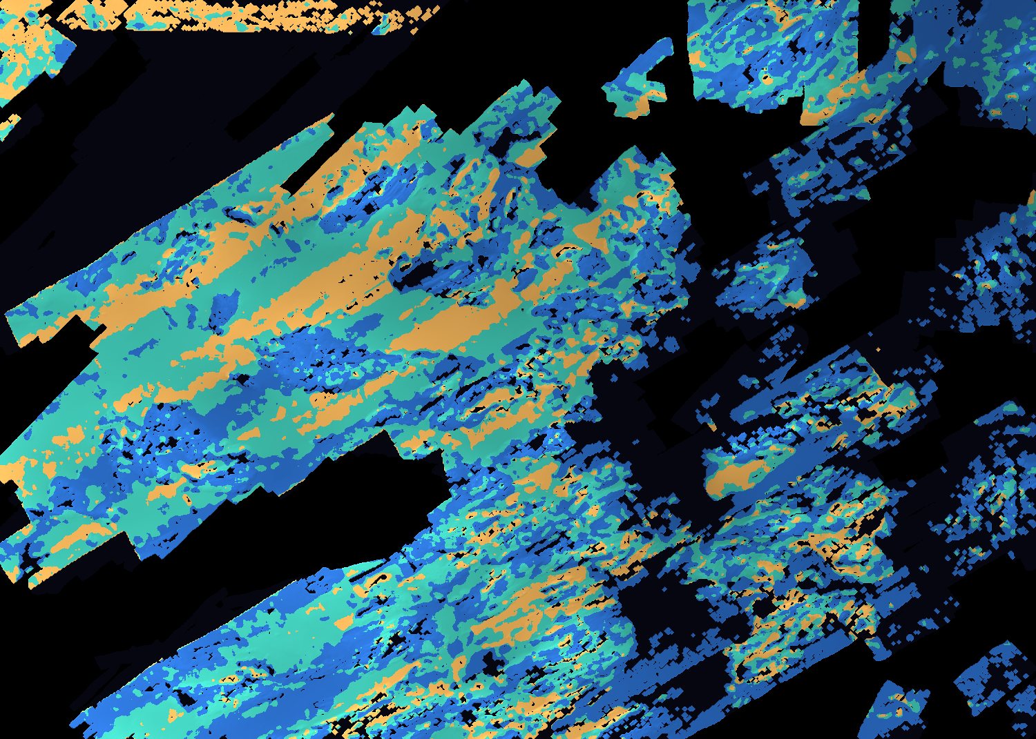 Harbour approach seabed classified into soft, mixed and hard ground, shaded by depth