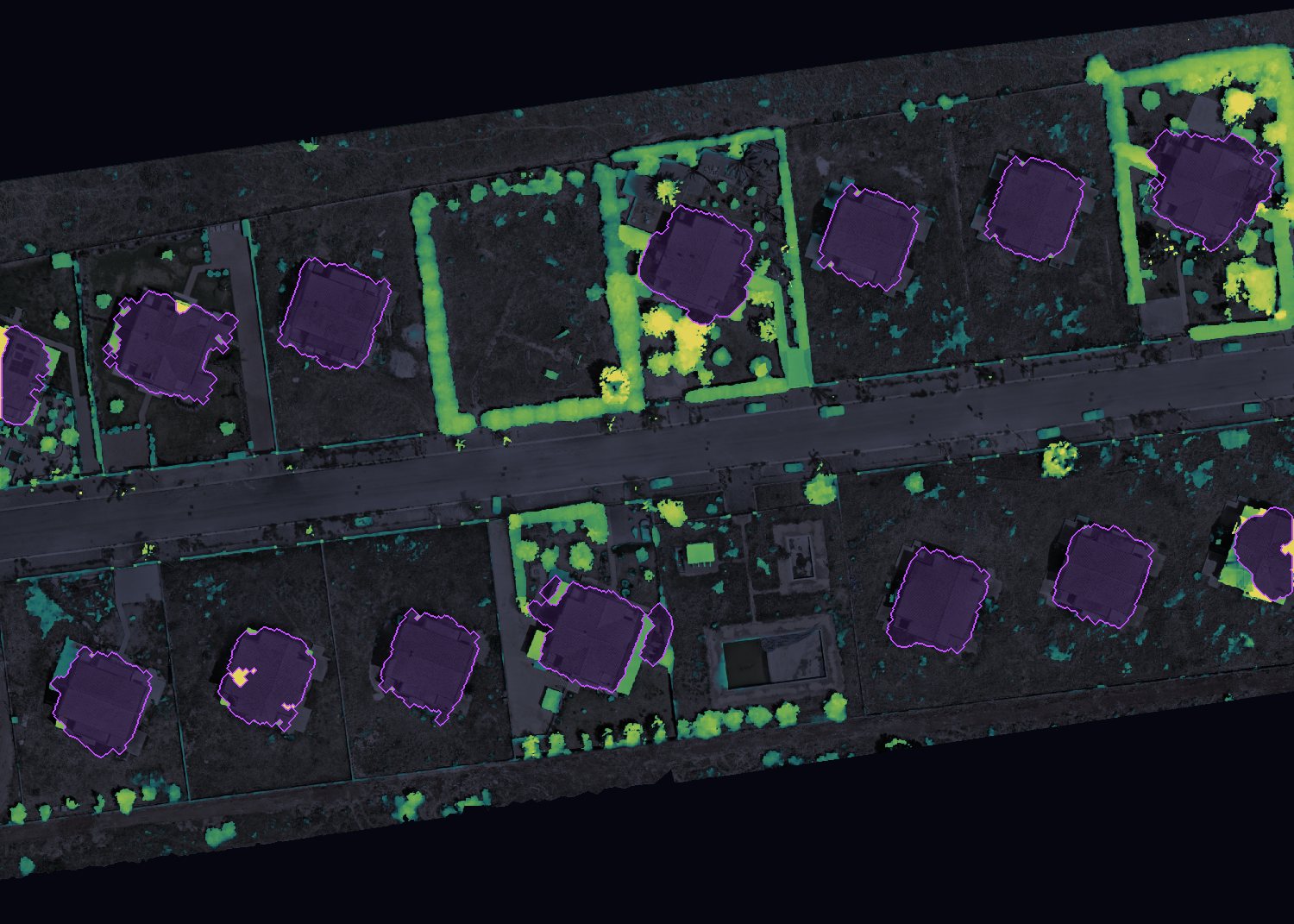 Residential strip with the vegetation around each property lit by height and every building outlined