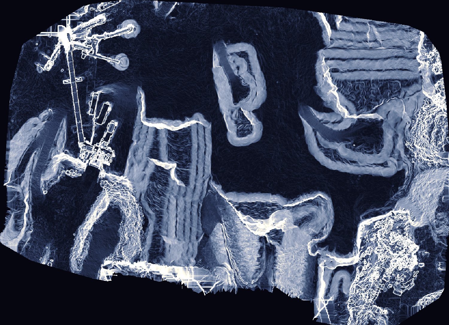 Open pit rendered by slope, benches, crest lines and haul roads picked out