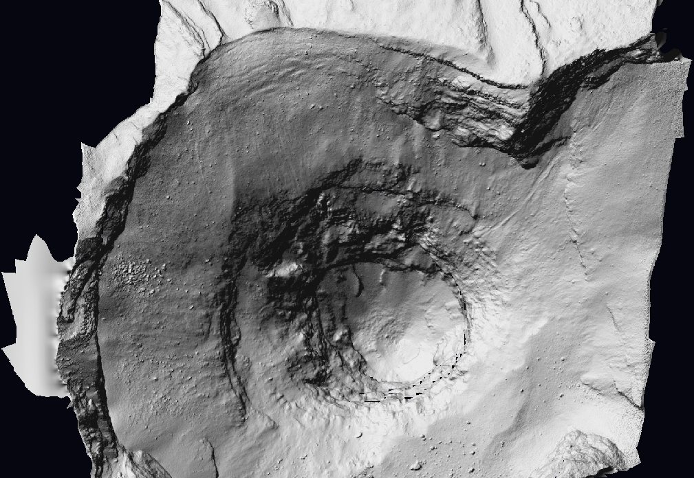 The same volcanic terrain as a plain shaded elevation model