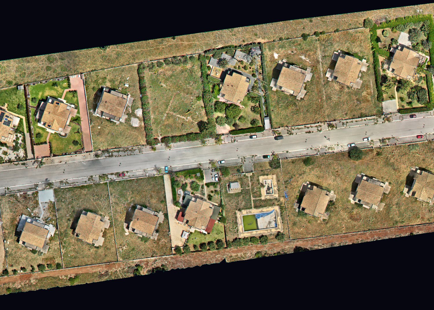 The same residential strip as a plain RGB orthophoto